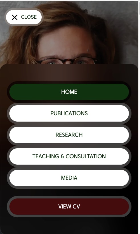 Mobile menu with Home, Publications, Research, Teaching & Consultation, Media and View CV