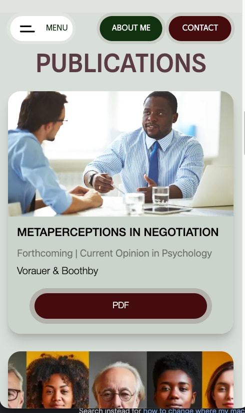 Publications page with a paper card, journal details and a PDF button, on a phone
