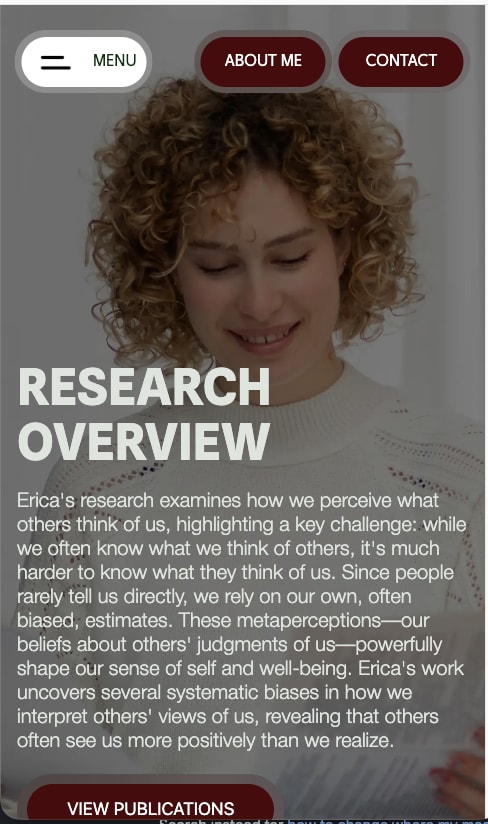 Research overview over a portrait with a View publications button, on a phone