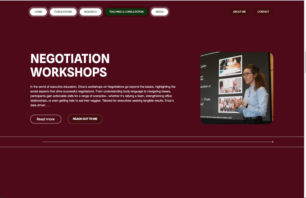 Burgundy section introducing negotiation workshops with a photo of Erica teaching