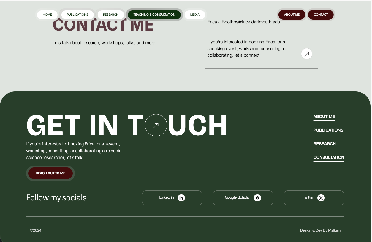 Contact section with a booking prompt, a Reach out button and social links on dark green