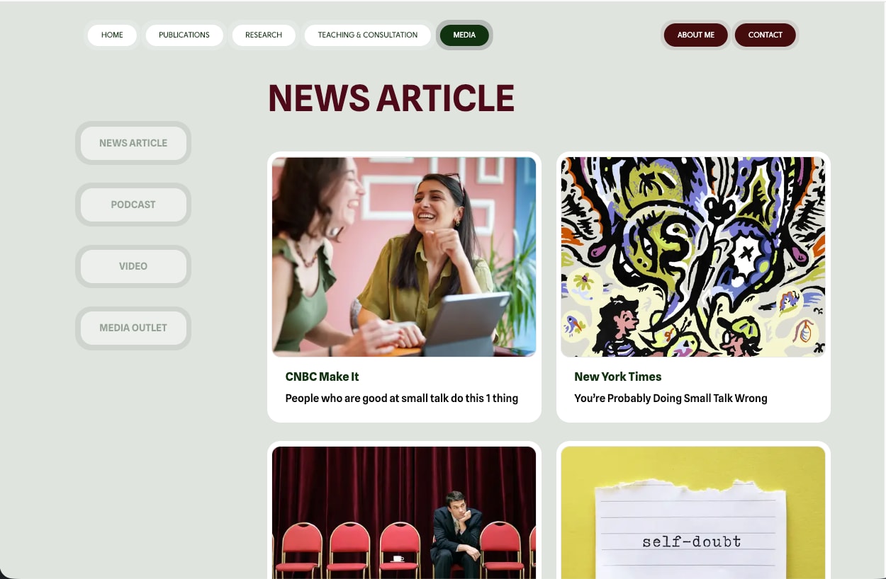 Media page with filters and press cards from CNBC and The New York Times