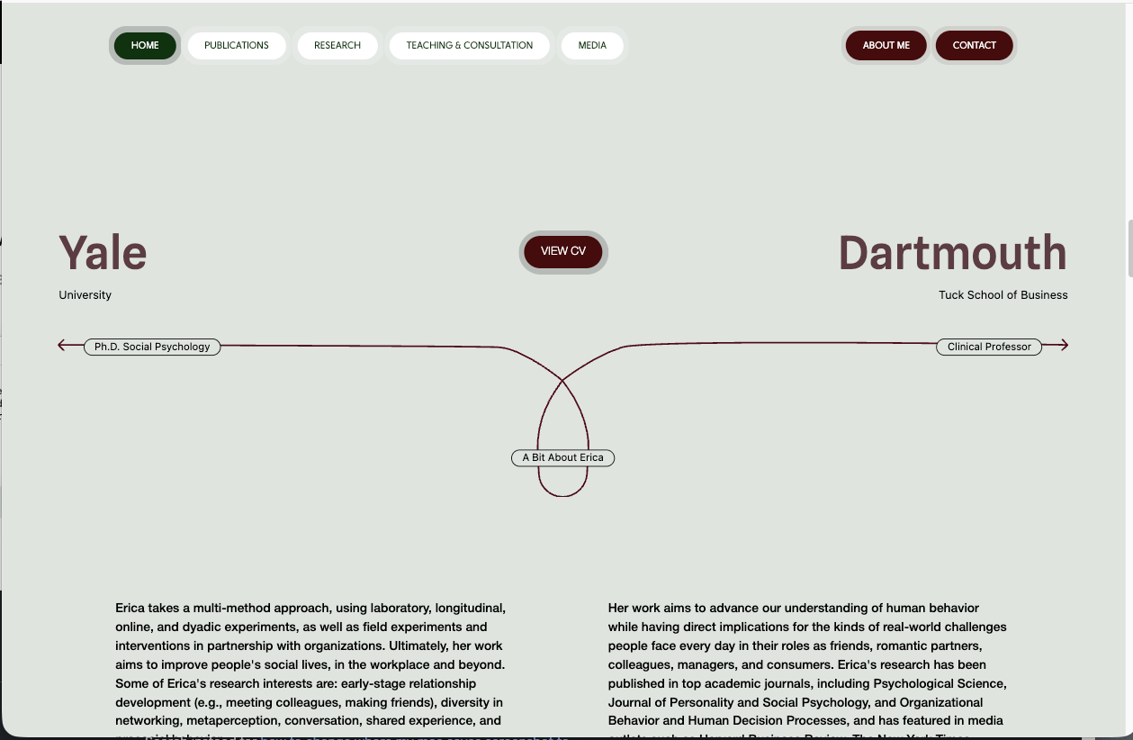 Homepage section linking Yale and Dartmouth with a drawn line and a View CV button