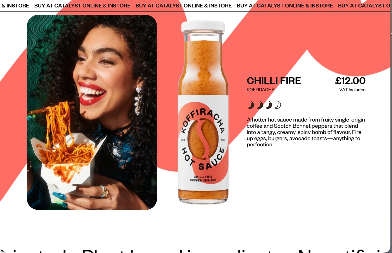 Chilli Fire product with the bottle, a photo of a woman eating noodles, heat rating and price