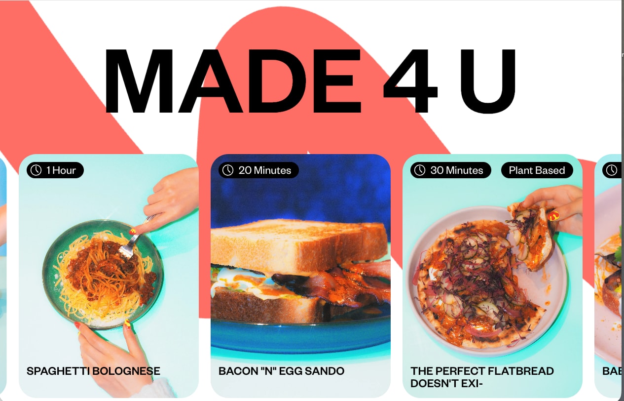 Recipe carousel titled Made 4 U with dish photos and cooking times