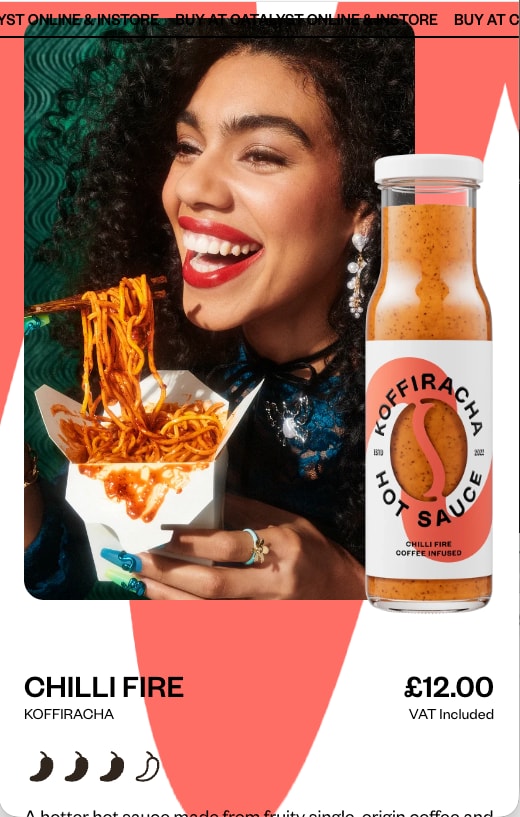 Chilli Fire product with a lifestyle photo, bottle, heat rating and price, on a phone