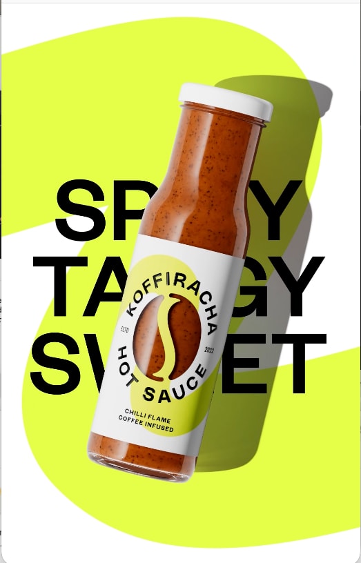 Oversized words Spicy Tangy Sweet around the bottle on yellow-green, on a phone