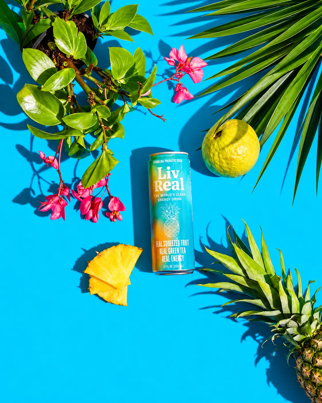 LivReal: a can among tropical leaves, flowers and fruit on blue