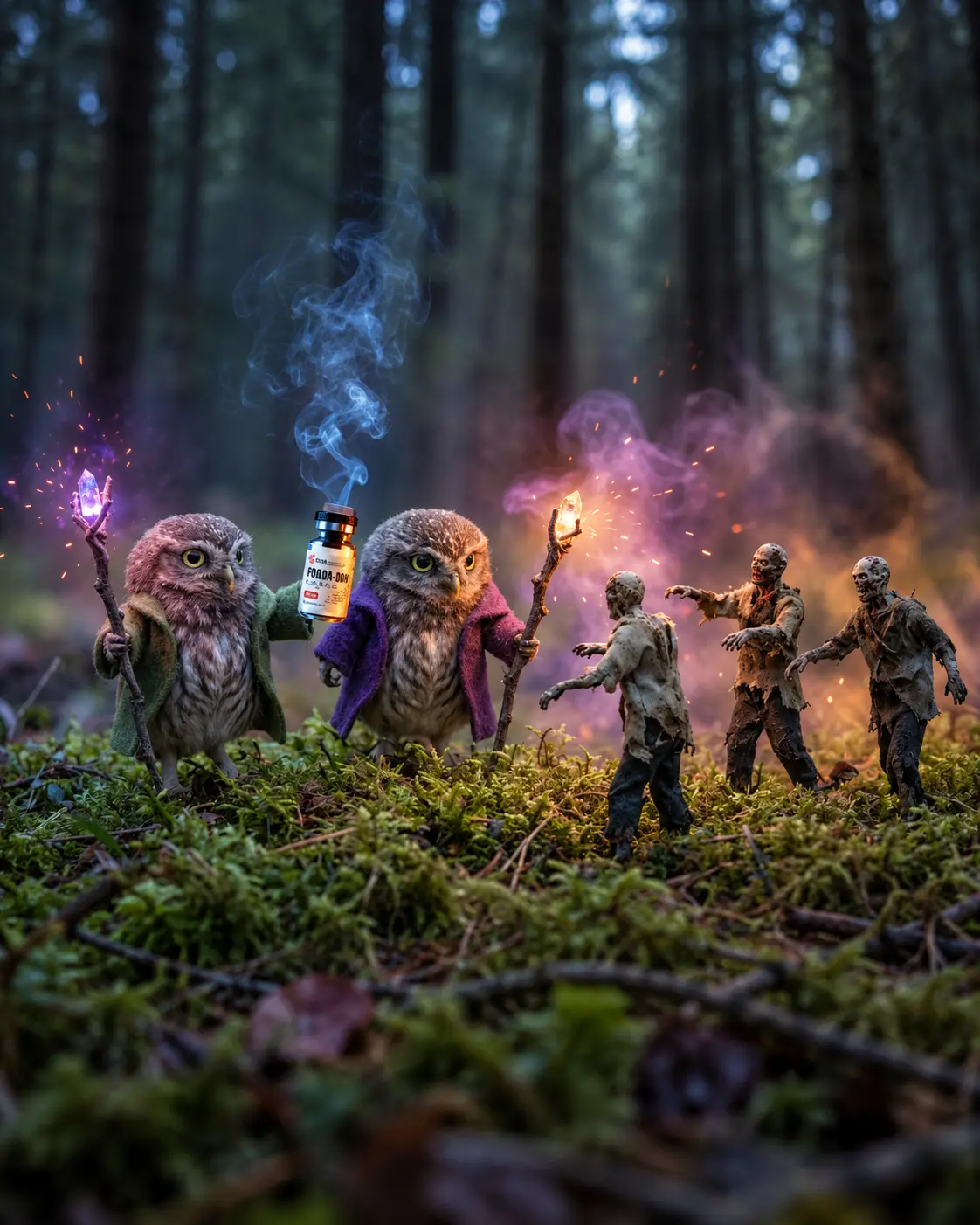 OWLchemi: illustrated owl characters holding a vial in a misty forest