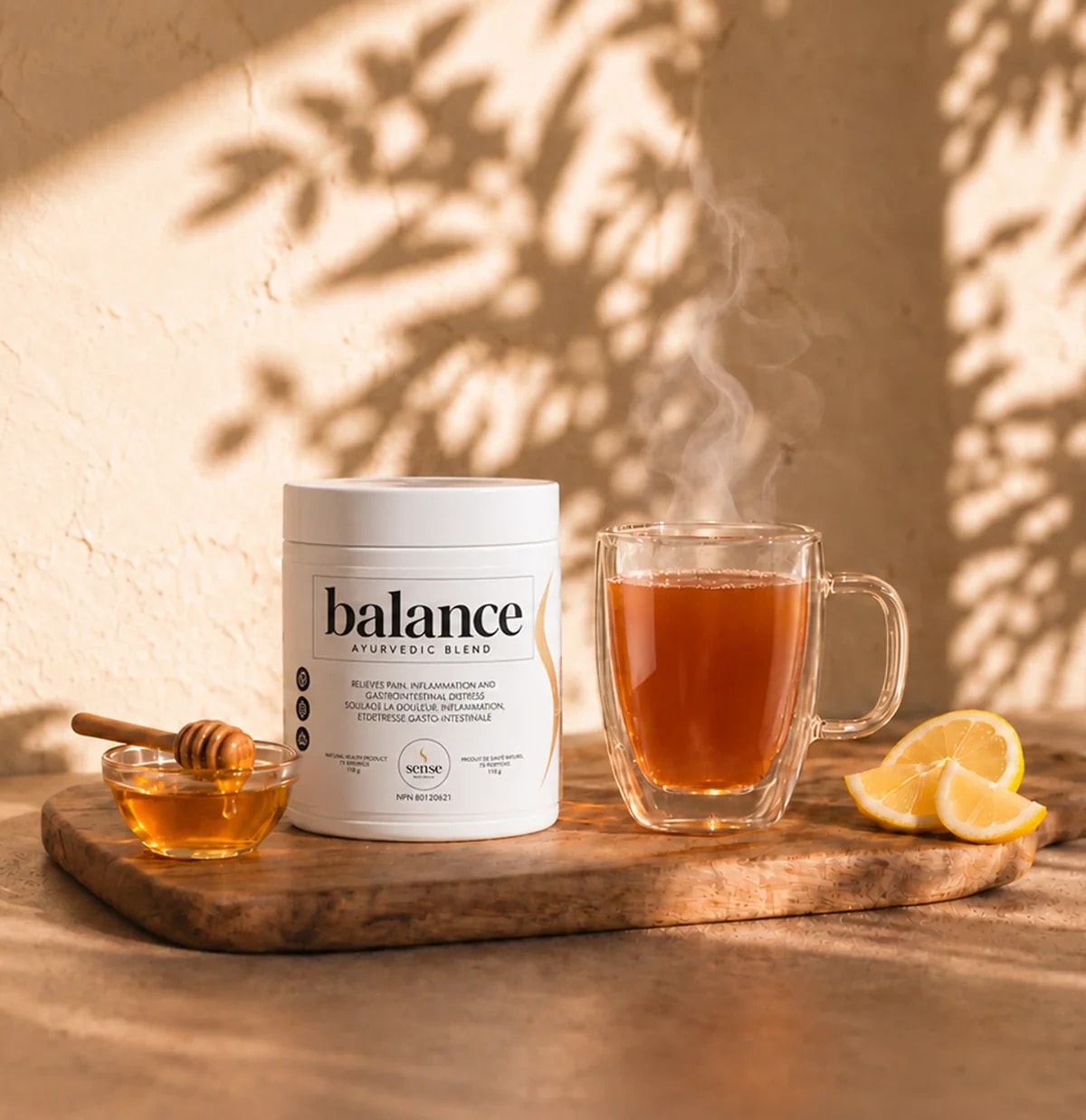 Sense Naturals: the Balance tin with tea, honey and lemon in morning light