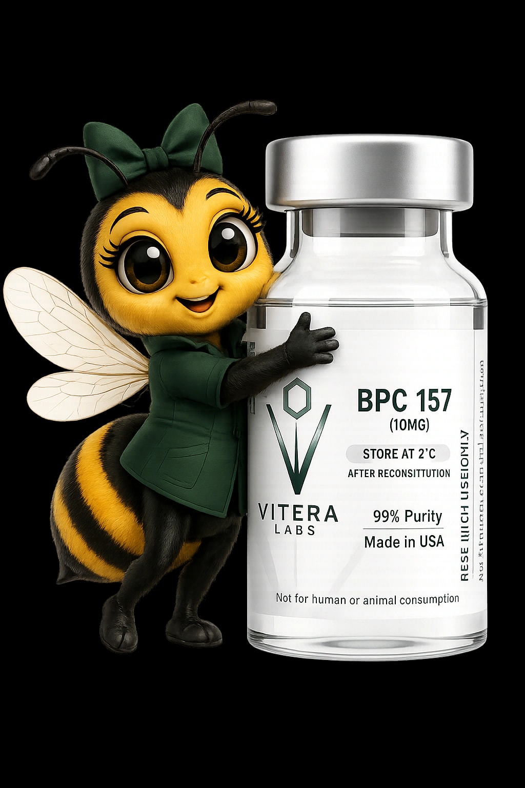 Vitera Labs: the illustrated bee mascot hugging a vial