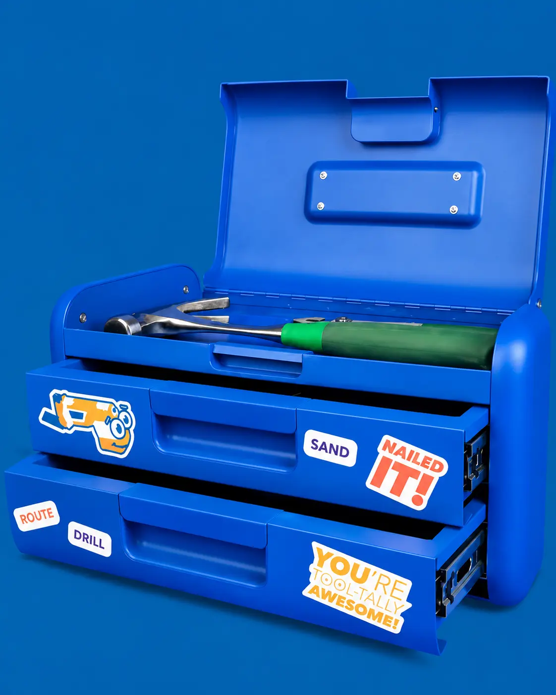 Character: a blue toolbox with stickers, open on a blue background