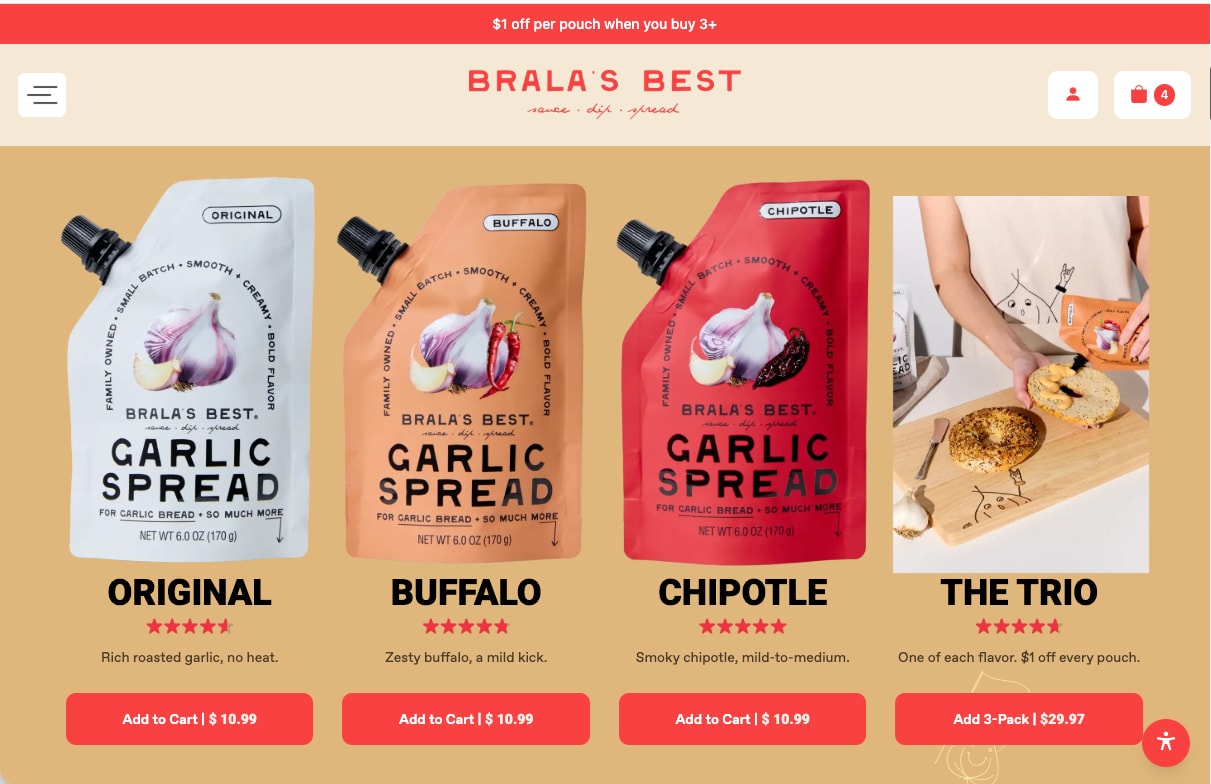 Brala's Best shop row with Original, Buffalo, Chipotle and The Trio, ratings and add-to-cart buttons