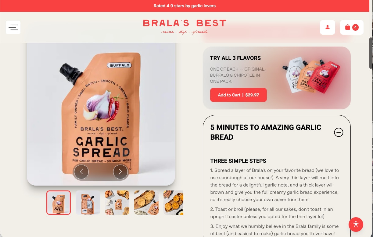 Product page with the Buffalo pouch, a three-flavour bundle offer and a five-minute garlic bread method
