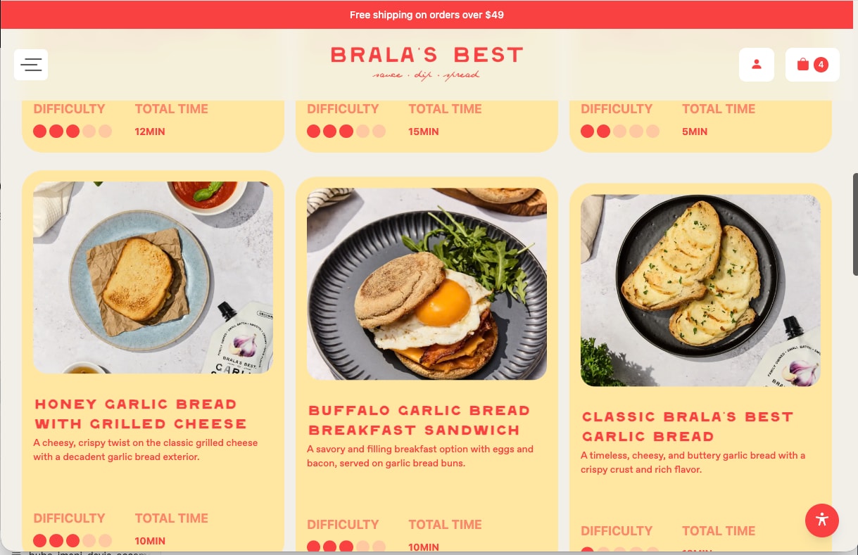 Recipe cards for garlic bread dishes with difficulty dots and total time
