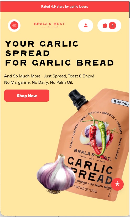 Brala's Best homepage on a phone with the headline Your garlic spread for garlic bread