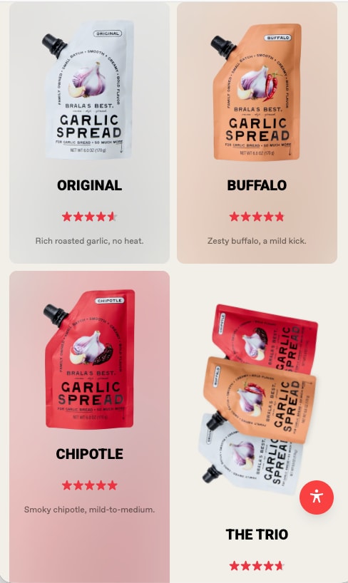 Two-column grid of the four garlic spread pouches with ratings, on a phone