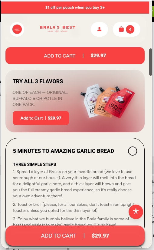 Product page with the three-flavour bundle and a sticky add-to-cart bar, on a phone
