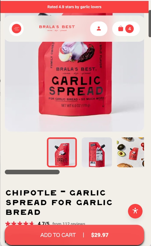 Chipotle garlic spread product page with thumbnails and add to cart, on a phone