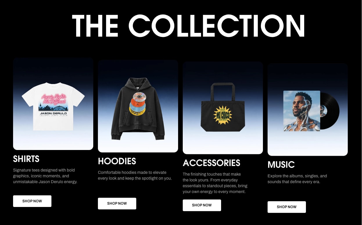Black page titled The Collection with Shirts, Hoodies, Accessories and Music cards