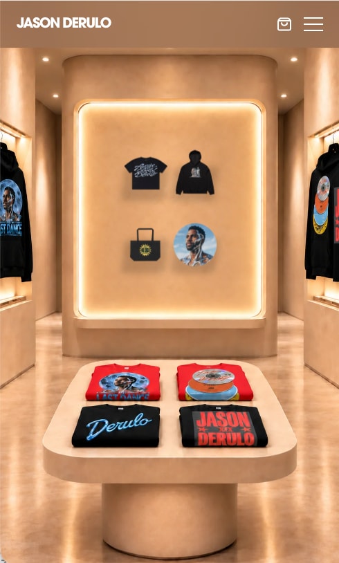 Homepage on a phone with lit merch shelves under the Jason Derulo logo