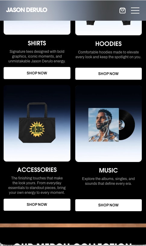 Category cards for shirts, hoodies, accessories and music, on a phone