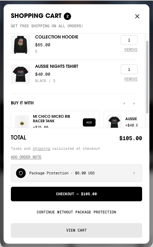Cart drawer with two items, add-ons and a checkout button, on a phone