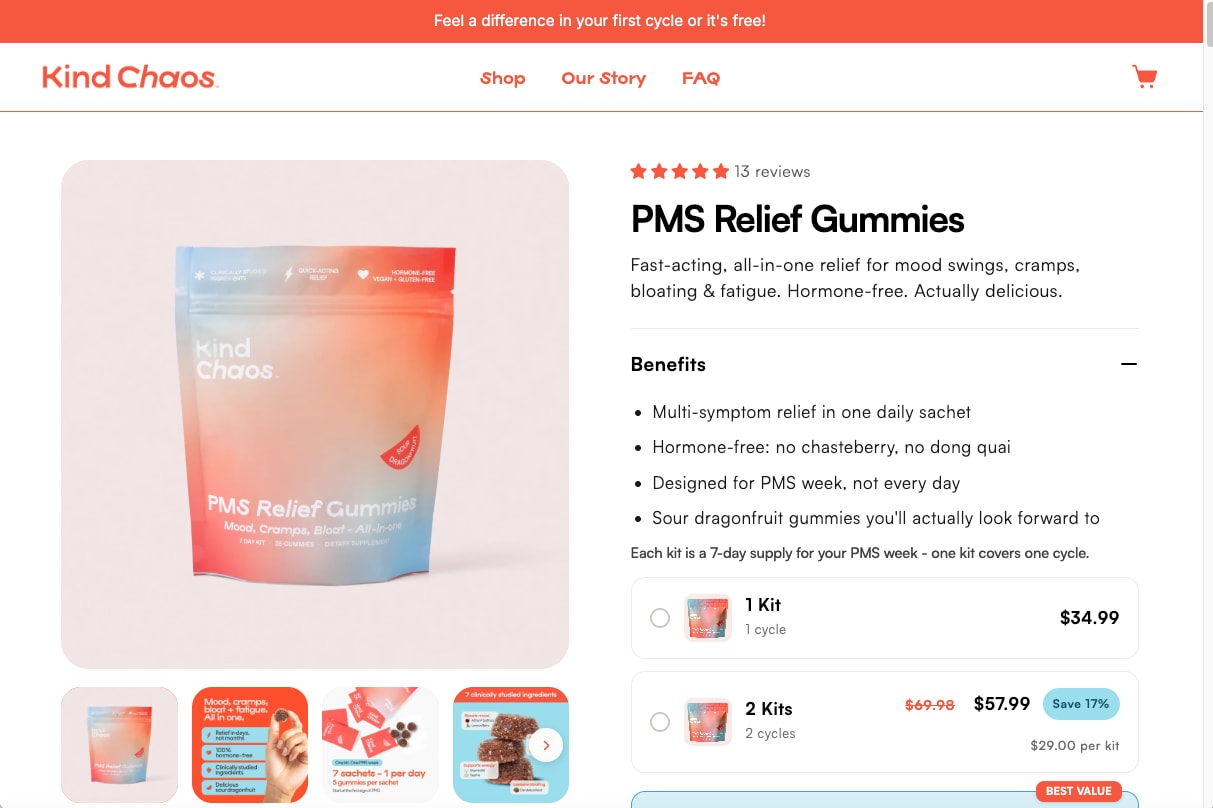 Product page with the pouch, thumbnails, star rating and kit options with savings