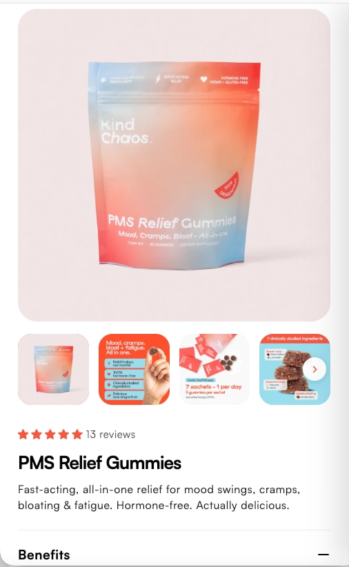 Product page with the pouch, thumbnails and star rating, on a phone