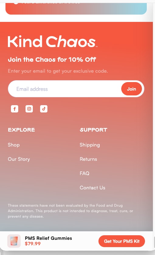 Orange footer with a newsletter sign-up and links, on a phone