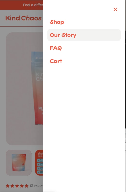 Mobile menu with Shop, Our Story, FAQ and Cart