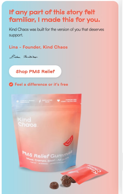 Founder sign-off on a gradient with a Shop button and the pouch, on a phone