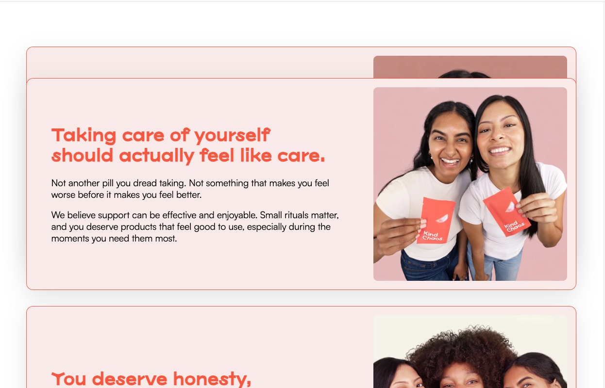 Stacked value cards on pink with a photo of two women holding the pouches