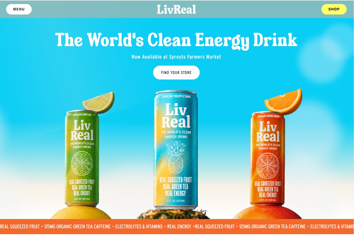 LivReal hero with three cans on fruit against a sky-blue background and a Find your store button