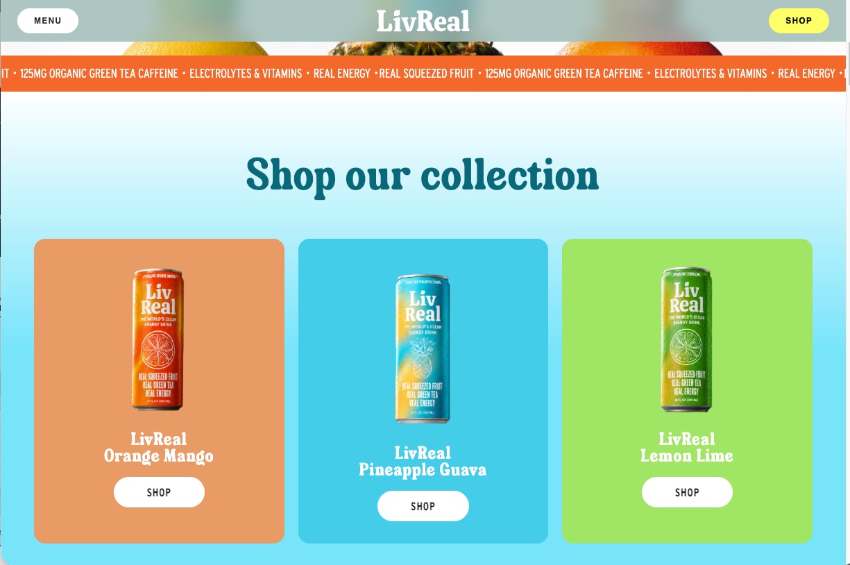 Three flavour tiles in orange, blue and green, each with a can and a Shop button