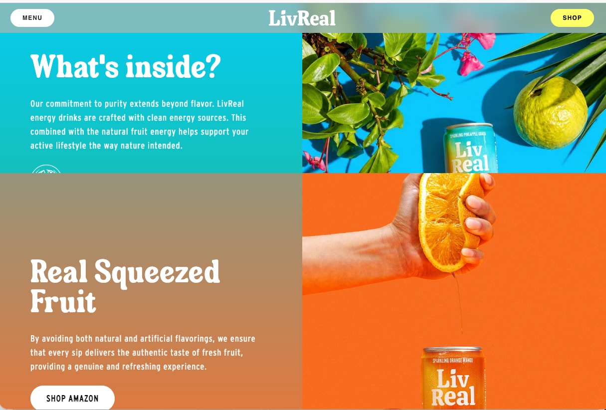Two-colour section with What's inside and Real squeezed fruit, with fruit photos and a can