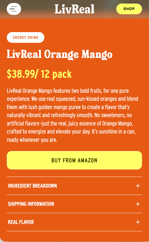 Orange Mango product page with pack price and a Buy from Amazon button, on a phone