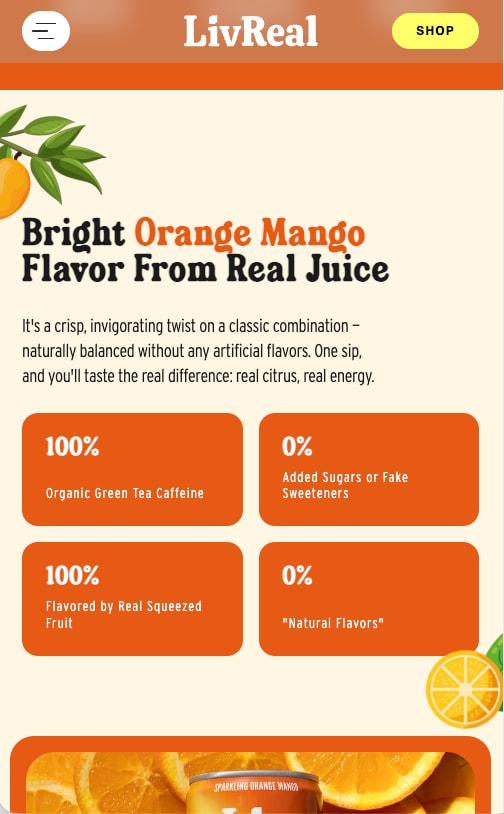 Orange Mango panel with four ingredient facts in orange tiles, on a phone