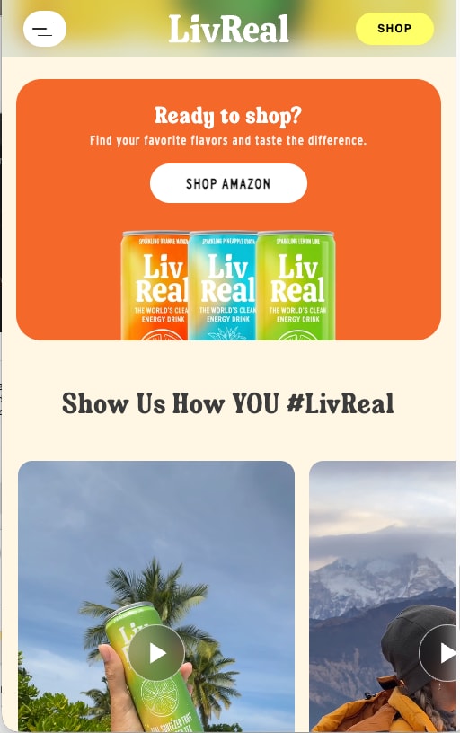 Ready to shop banner with three cans and customer video tiles, on a phone