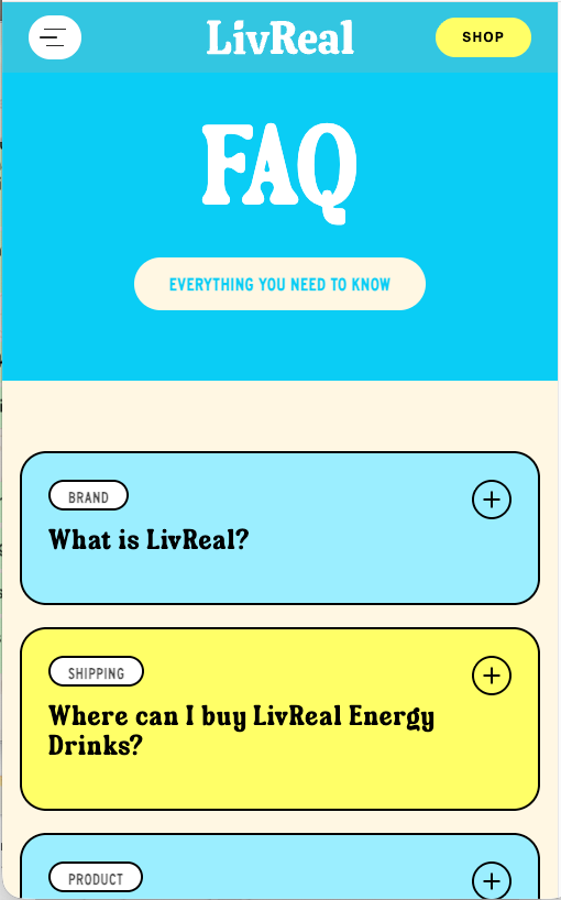 FAQ page with blue and yellow question cards, on a phone