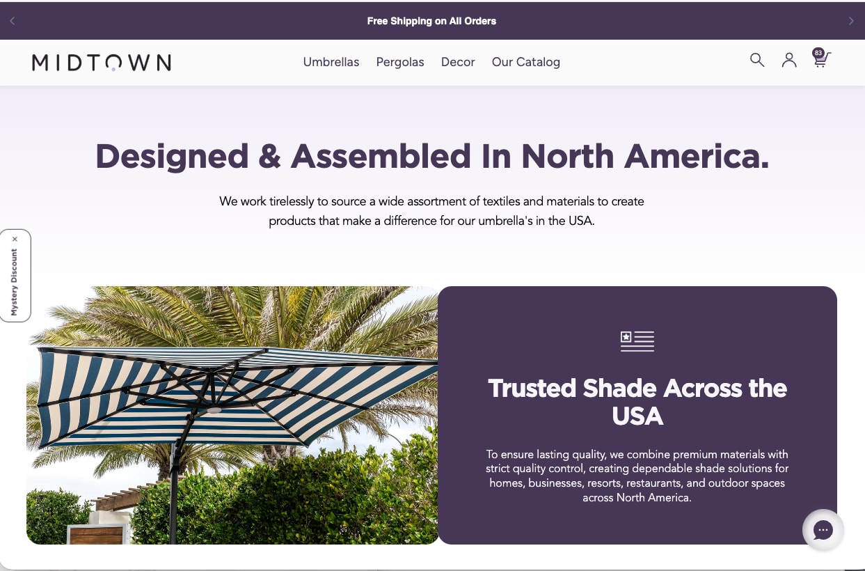 Section titled Designed & Assembled in North America with a striped umbrella and a purple panel