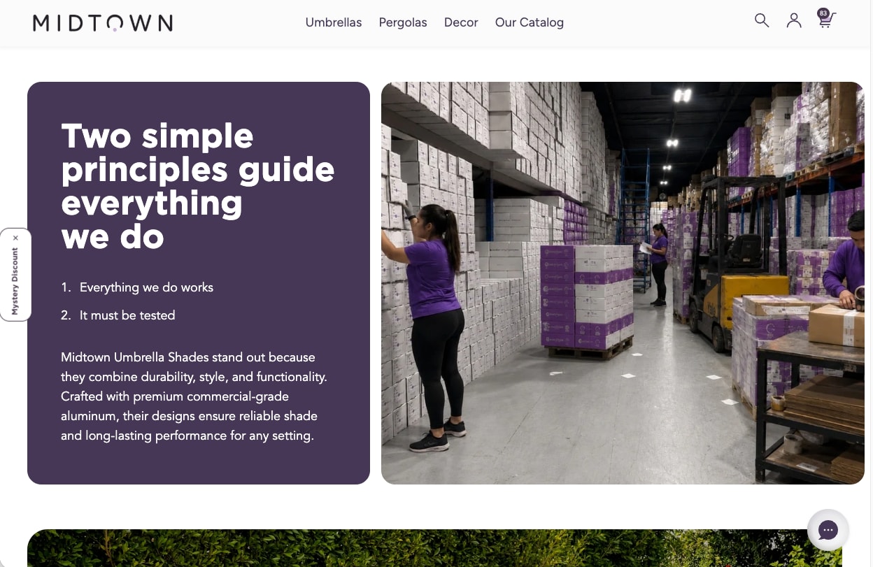 Purple panel listing two principles beside a photo of a warehouse
