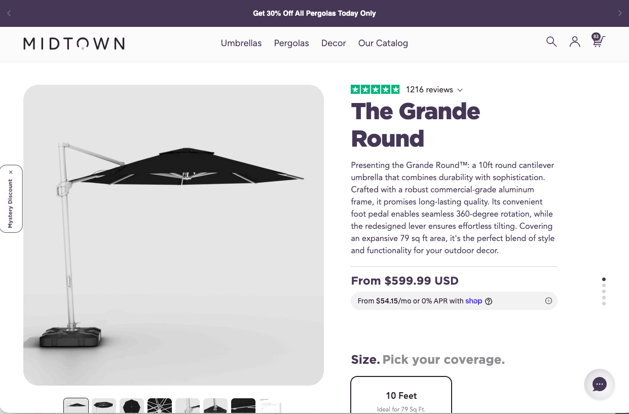 The Grande Round product page with a cantilever umbrella, reviews, price and size options