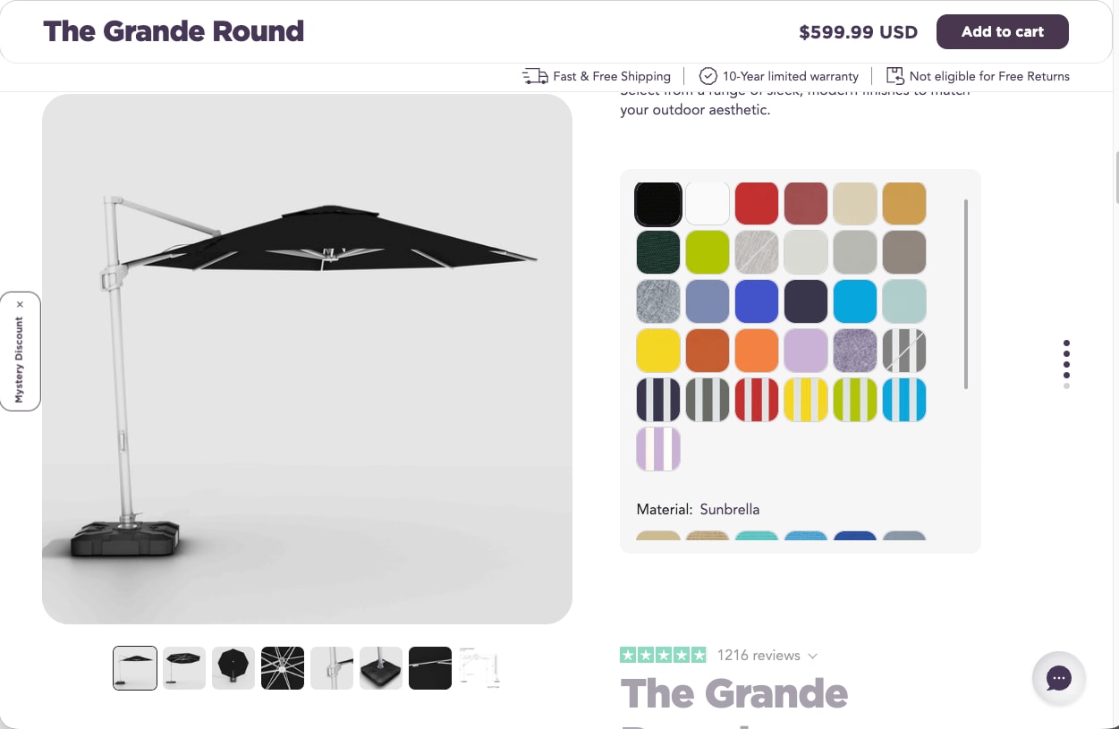 Grid of fabric colour swatches beside the umbrella gallery and a sticky add-to-cart bar