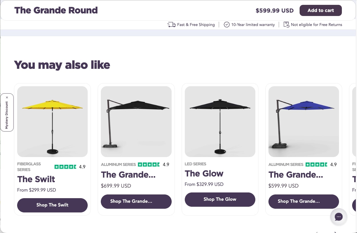Carousel of four umbrellas with ratings, prices and shop buttons