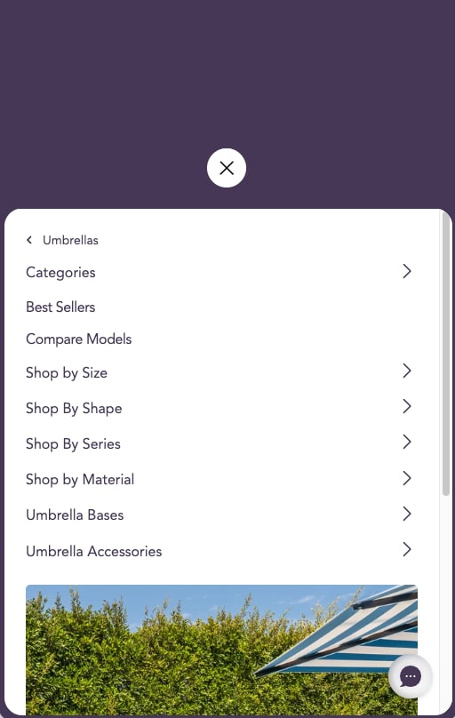 Menu with categories, best sellers, compare models and shop by size, shape and material
