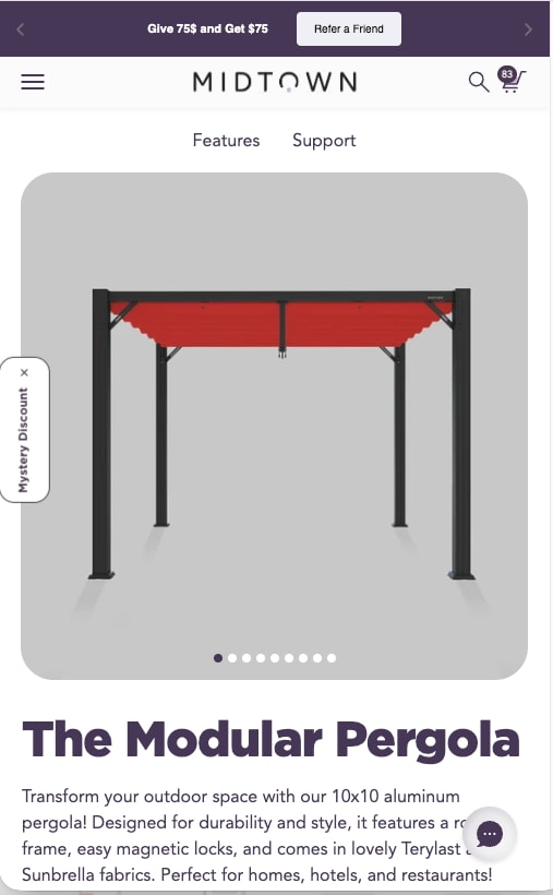 The Modular Pergola product page with a red canopy, on a phone