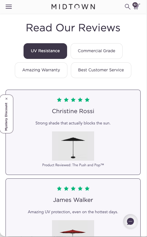 Reviews section with filter chips and review cards, on a phone