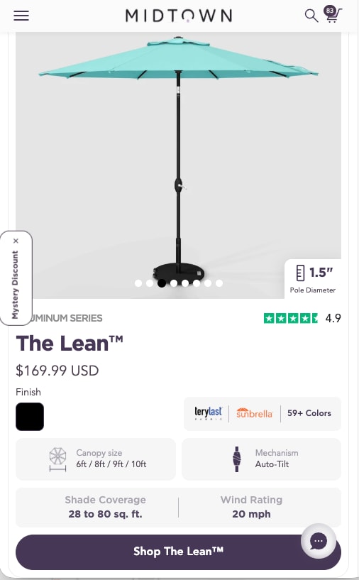 The Lean umbrella in turquoise with finish options and specs, on a phone