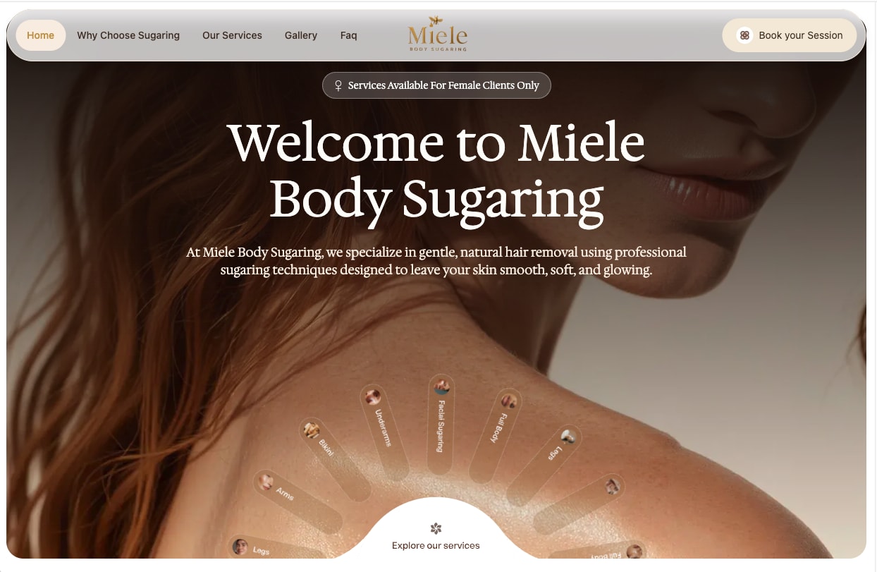 Miele Body Sugaring hero in warm tones with a serif welcome headline